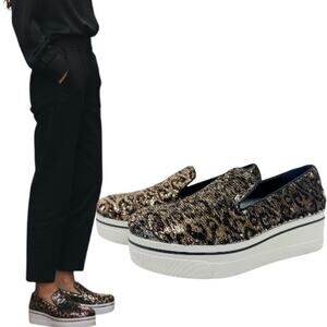New Stella McCartney Binx Sequins Animal Print Wedge Sneakers Size 41